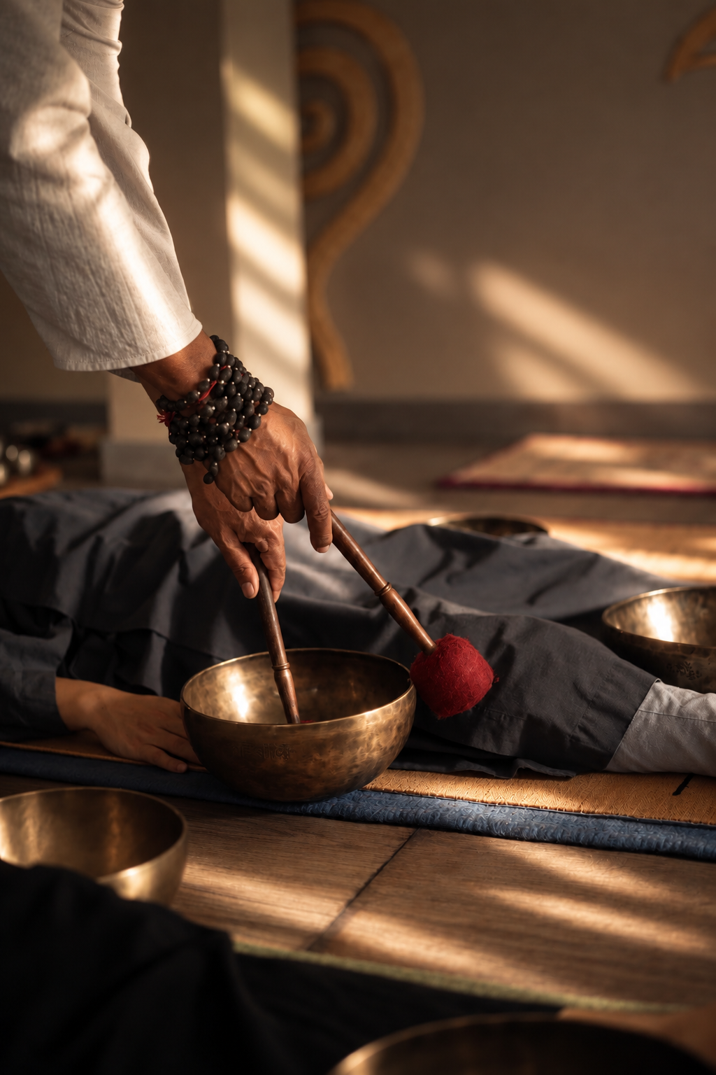 Person practicing sound therapy, holding a mallet near a Tibetan singing bowl, wearing a white long sleeve shirt and black beads bracelet, with sunlight streaming through window blinds. Schedule a Sound Bath session with Synergy Healing Arts in Ogden