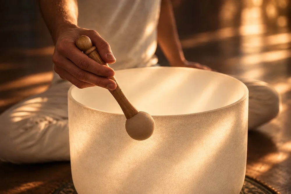 Person holding a mallet playing a large white crystal singing bowl in a dimly lit room. Schedule a Sound Bath session with Synergy Healing Arts in Ogden. Utah.