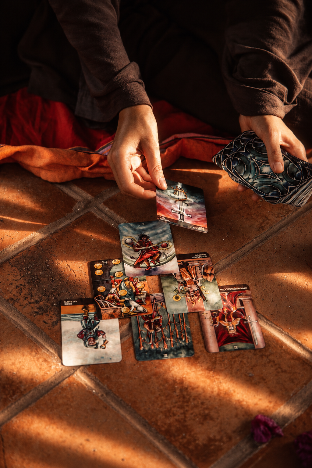 A person playing a tarot card reading game on a terracotta tiled floor, with spread-out tarot cards and holding a deck of cards. Schedule a Tarot Reading with Synergy Healing Arts in Ogden. Utah.