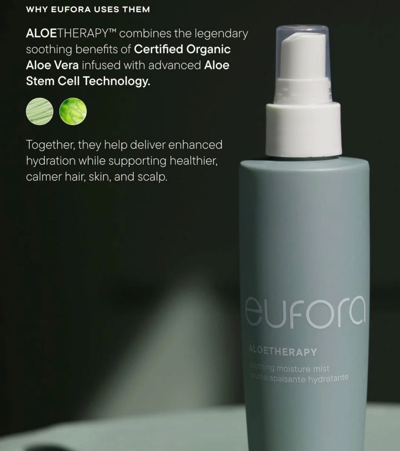 A spray bottle of Eufora Aloe Therapy soothing moisture mist. The label on the bottle is partially visible, and there is promotional text explaining that the product combines certified organic aloe vera and aloe stem cell technology to hydrate and support healthier skin, hair, and scalp.