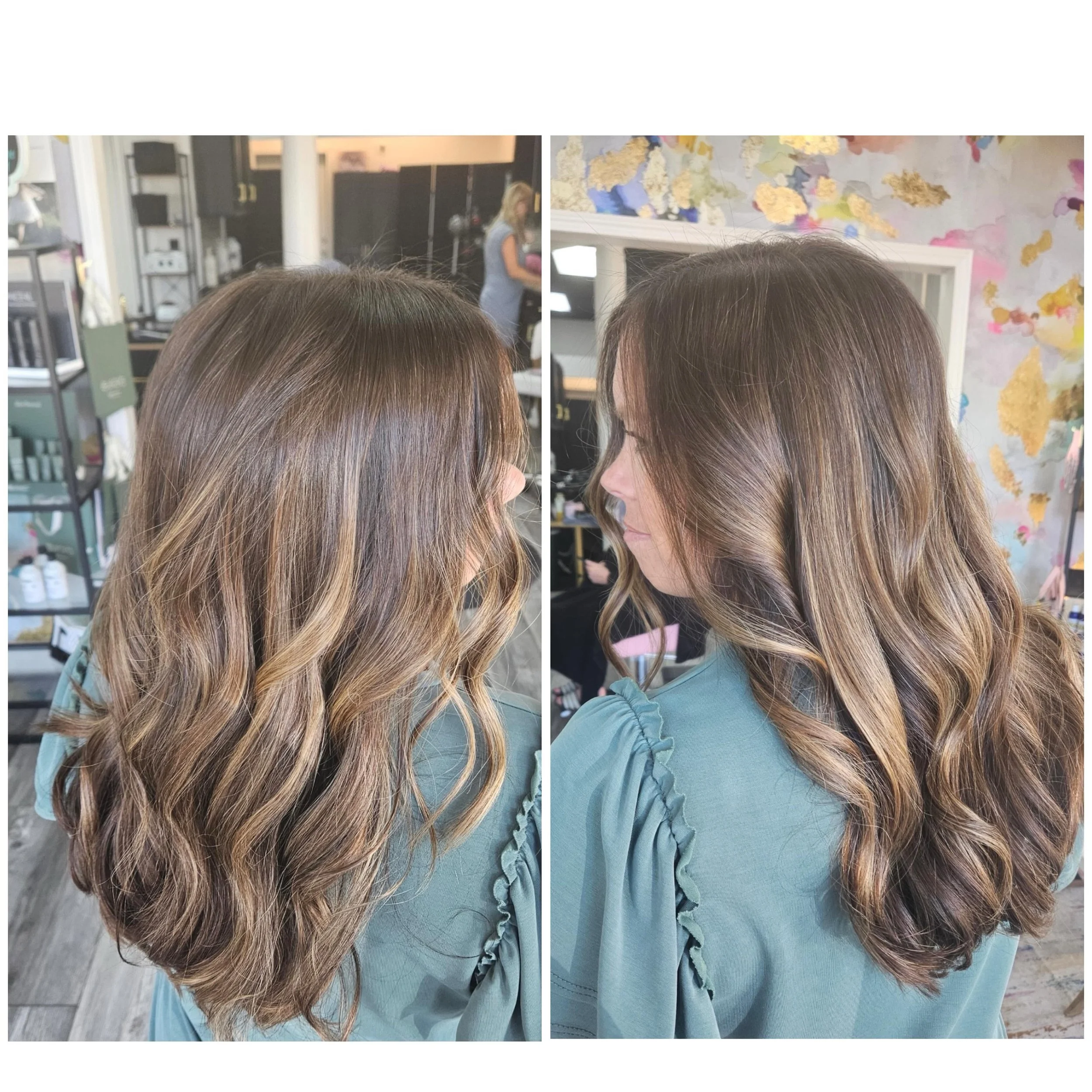 Side-by-side photos of a woman's head showing her hair, with the left photo featuring darker brown hair, and the right photo showing lighter brown hair with highlights. The background includes a salon interior with shelves, a woman in a blue dress, and a colorful, abstract wall.