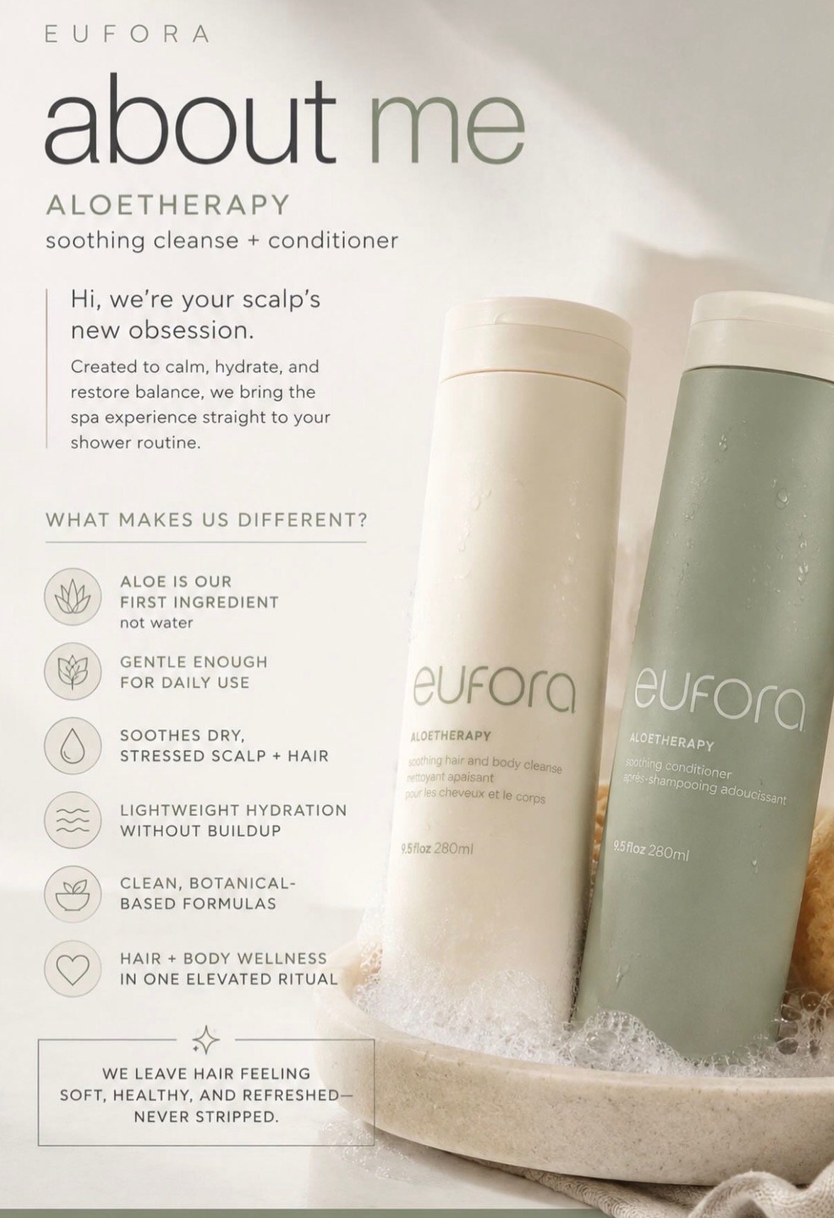 A promotional poster for Eufora AloeTherapy hair and body care products, featuring two bottles of soothing shampoo and conditioner, with text highlighting product benefits such as calming, hydrating, and soothing dry scalp and hair.