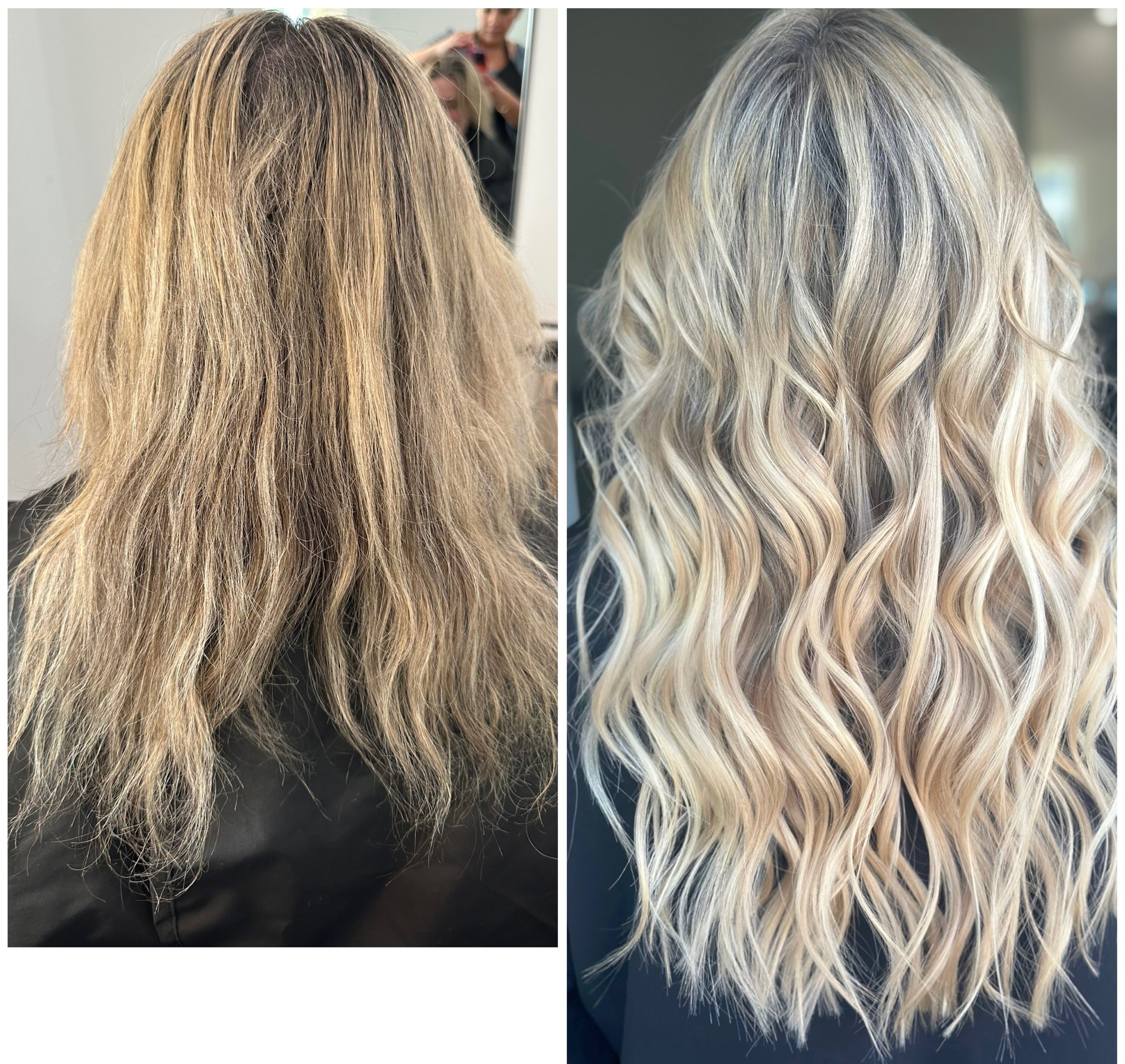 A side-by-side comparison of a woman's hair before and after a professional hair coloring and styling treatment. The left side shows coarse, light brown hair, and the right side shows styled, wavy, blonde hair.