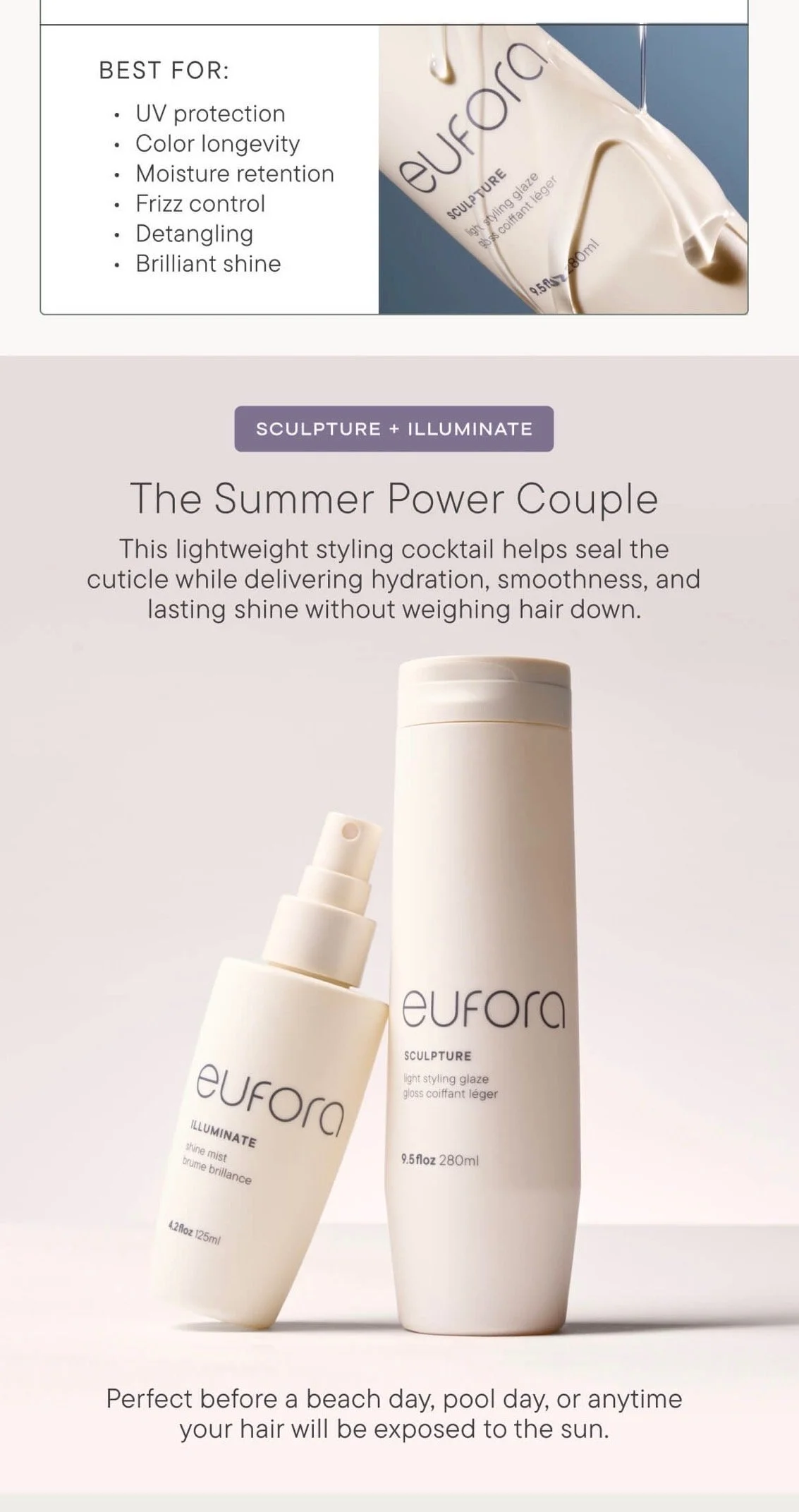 Image of Eufora Sculpt + Illuminate hair styling products, including a spray bottle and a gloss.