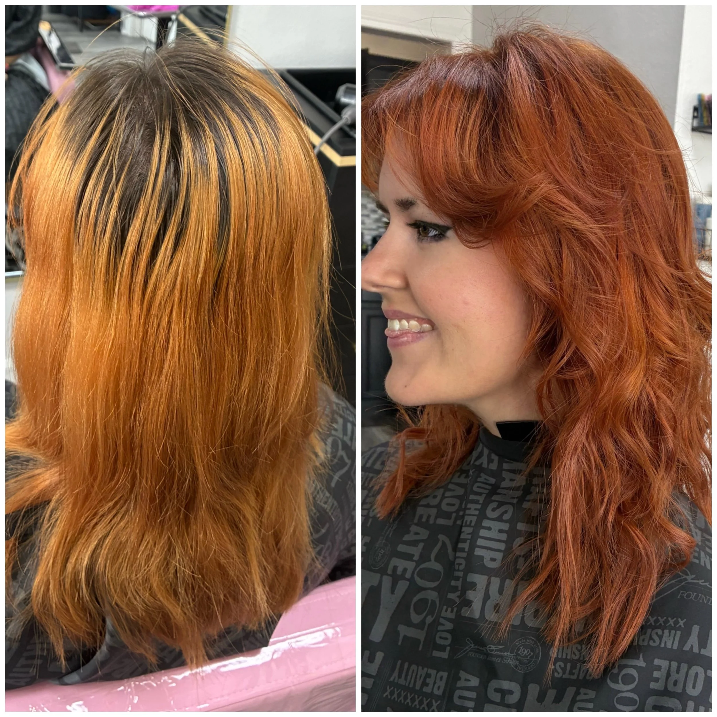 Side-by-side comparison of a woman's hair before and after coloring. Left shows her hair with dark roots and orange highlights, while right shows hair fully dyed a vibrant red-orange color.