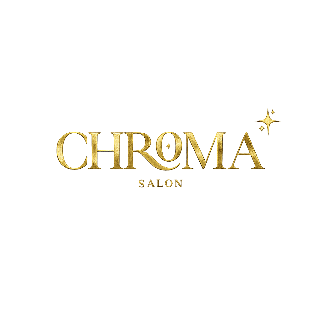 Gold text logo for Chroma Salon with a starburst design.