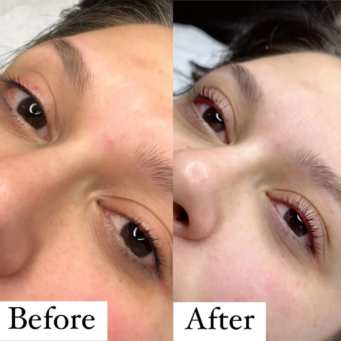 Close-up of a person's eye area showing a Comparison of 'Before' and 'After' eyelash treatments, with the 'After' image on the right showing visibly longer and enhanced eyelashes.