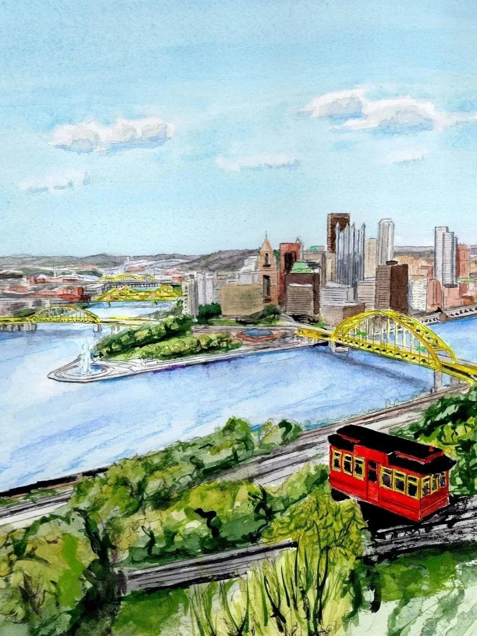 View of downtown Pittsburgh and the 3 rivers with the Duquesne Incline in the foreground.