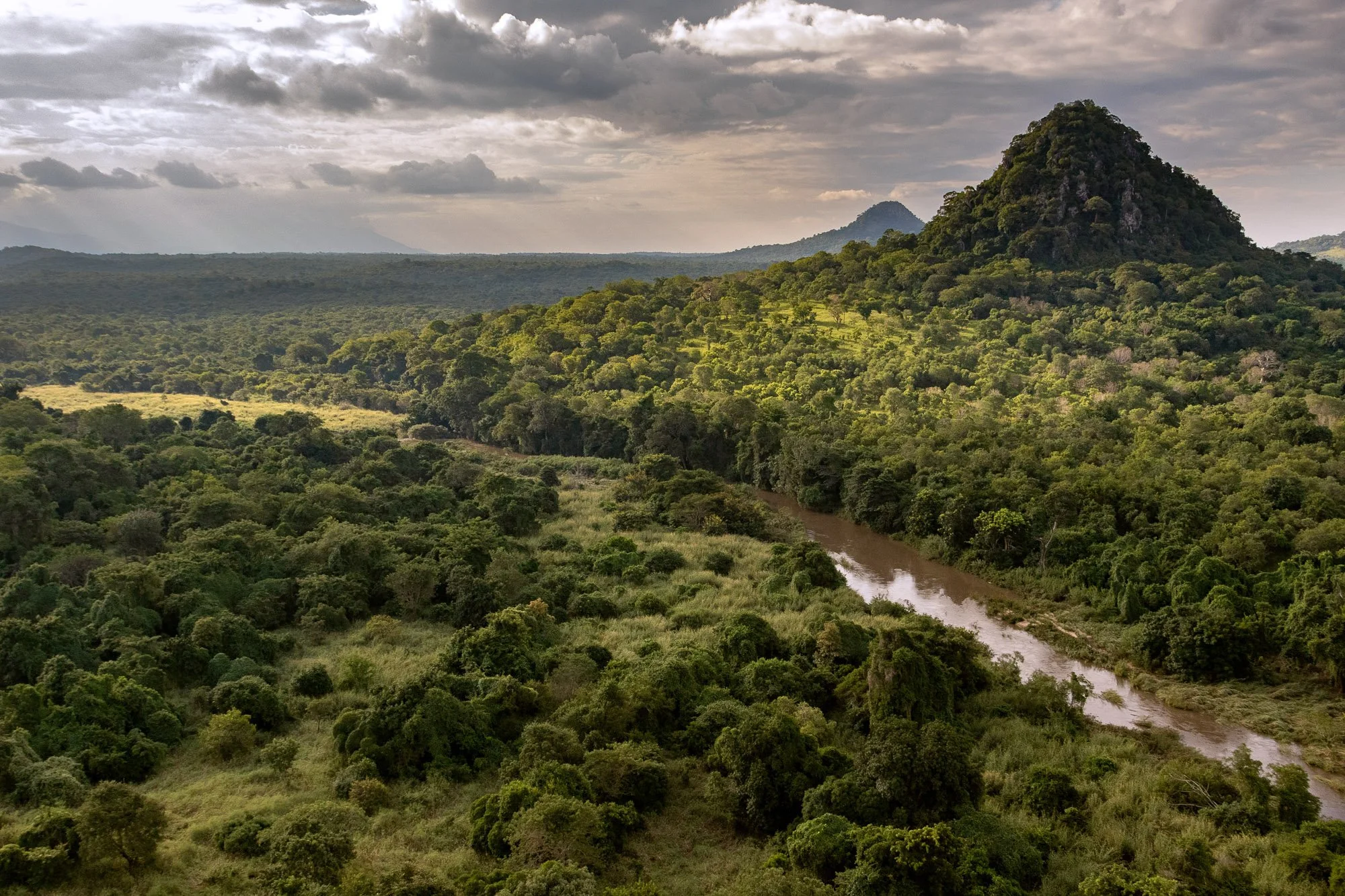 River winding through wooded landscape below a forested inselberg at dusk