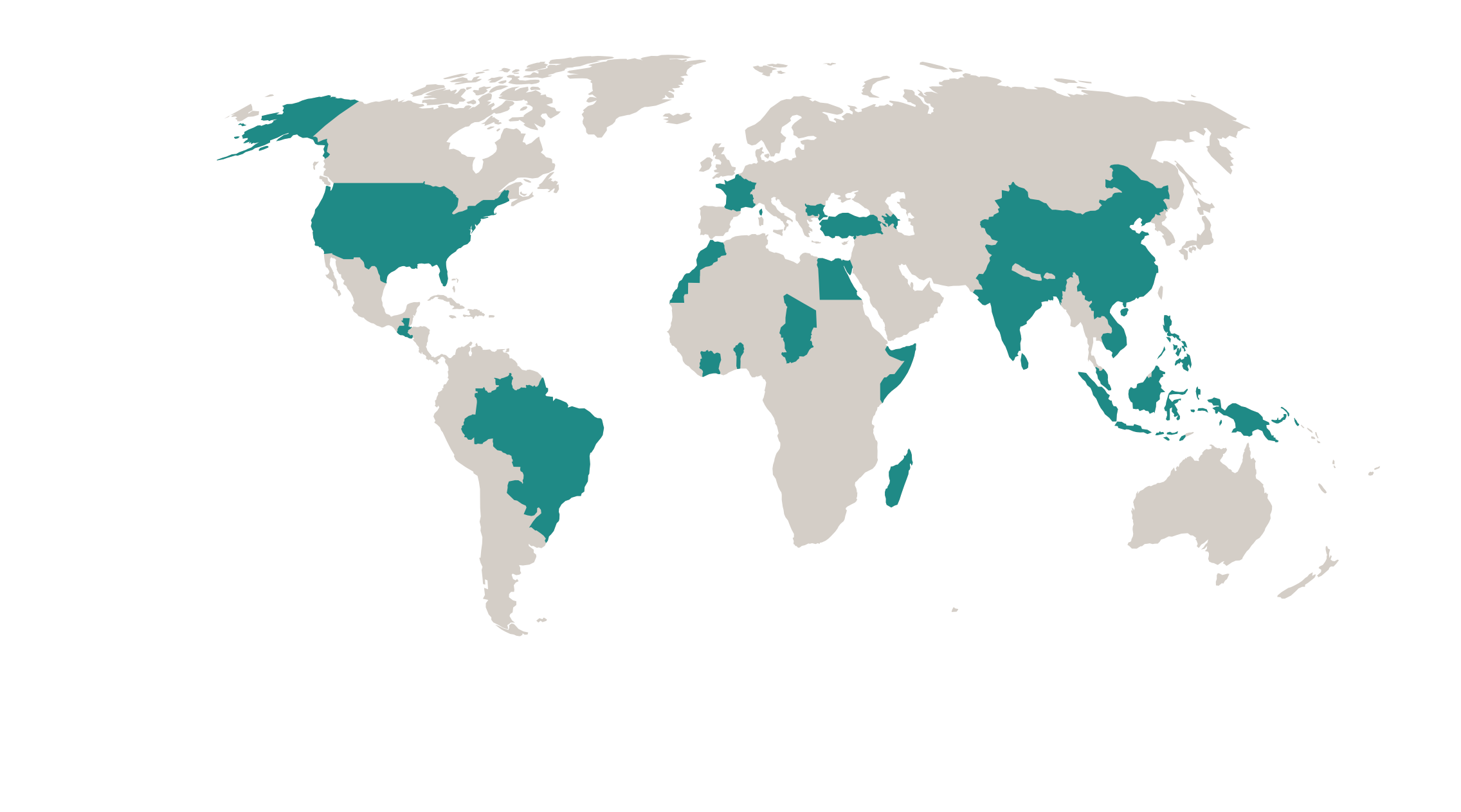 World map marking the countries across Africa, Asia and Latin America where Okho Consulting has conducted supply chain assessments and run field operations