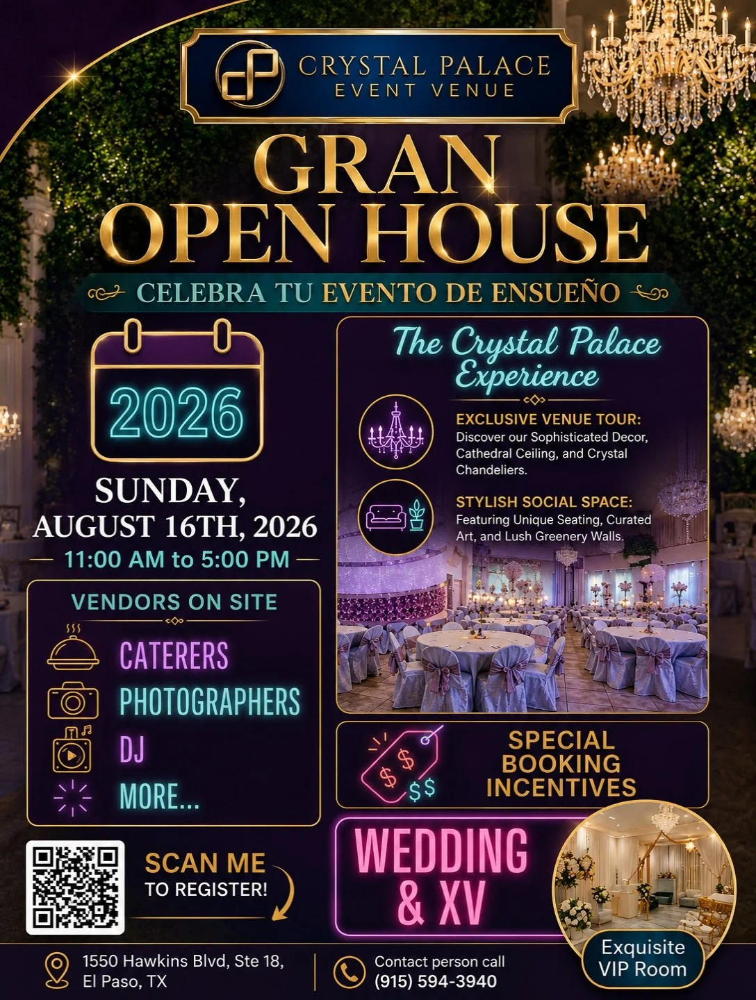 ✨ GRAN OPEN HOUSE &mdash; CRYSTAL PALACE EVENT VENUE ✨

Crystal Palace invites couples and families to celebrate their dream event at an exclusive Grand Open House! 💍👑

📅 Sunday, August 16, 2026
⏰ 11:00 AM &ndash; 5:00 PM
📍 1550 Hawkins Blvd., St