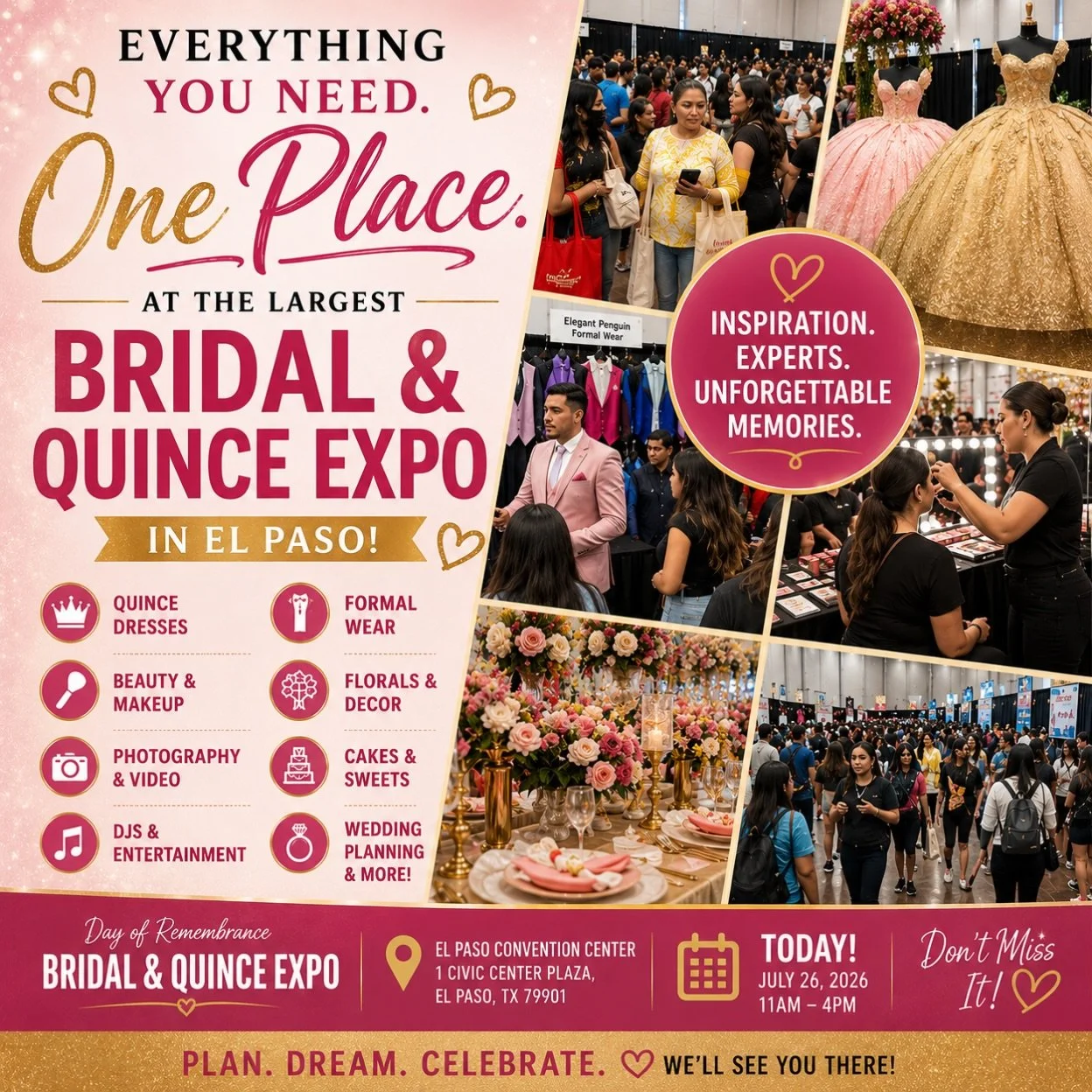 ✨ Everything you need for your wedding or quince is here&mdash;all in one place! 💍👑

From breathtaking gowns and formal wear to beauty, photography, florals, DJs, cakes, d&eacute;cor, and so much more, you&rsquo;ll find the area&rsquo;s top vendors