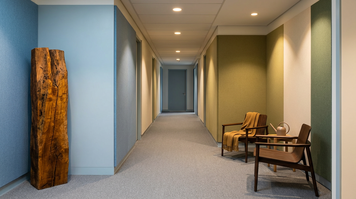 Empty hallway in a modern building with two chairs and a small table on the right, a kettle on the table, and a decorative wooden sculpture on the left.