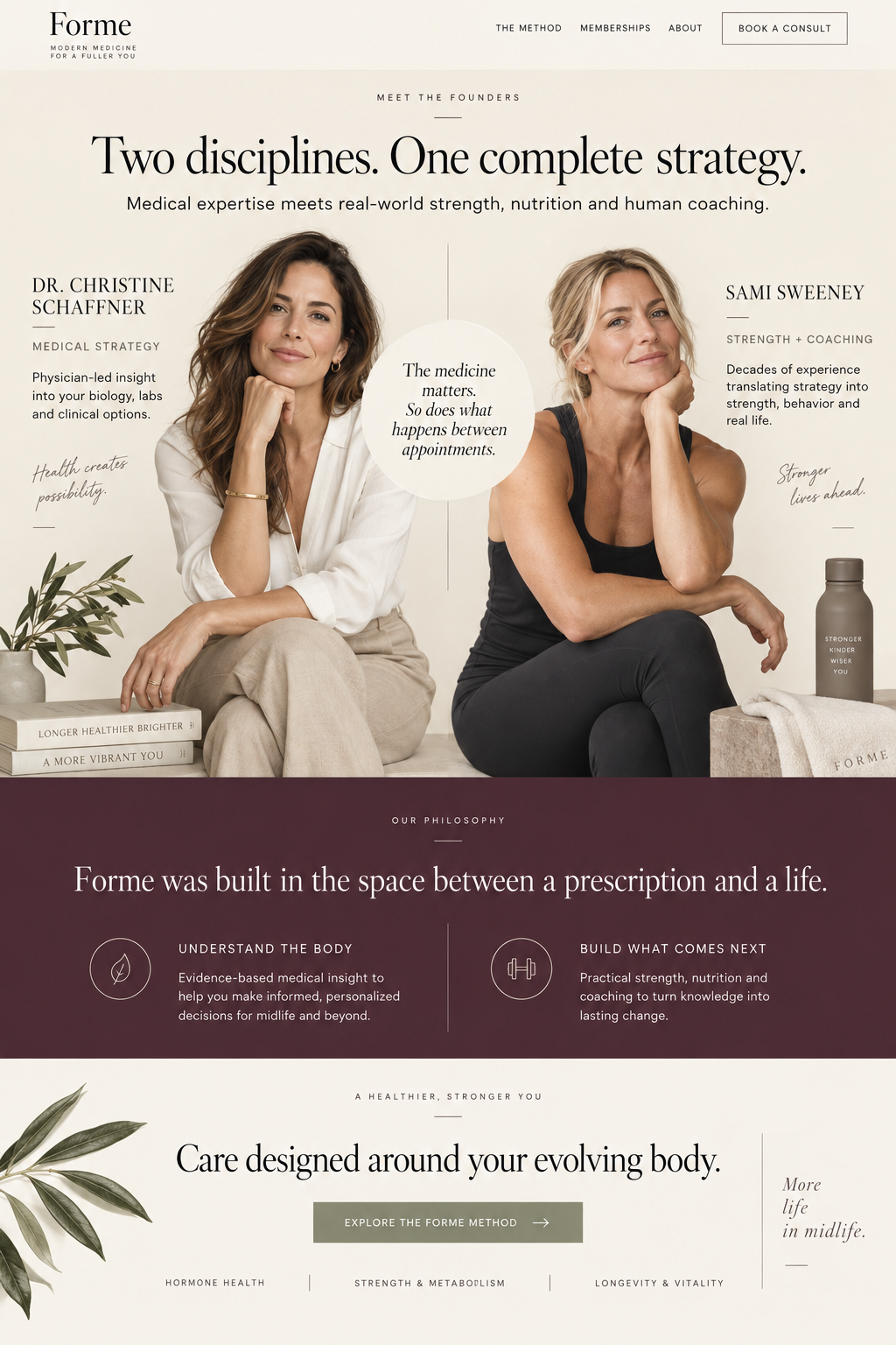 Website homepage for ForMe, a health and wellness company, featuring two women seated with health-related products and promotional text about medical expertise and personalized care.