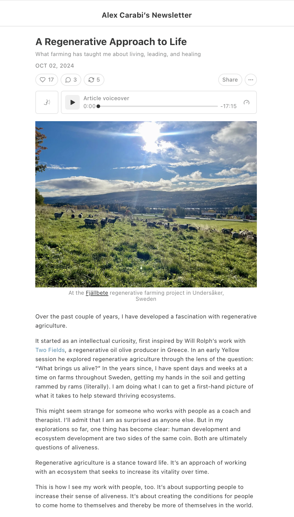 Photograph of a sunny day at a regenerative farm in Undersåker, Sweden, with cattle grazing on green pasture, rolling hills, trees, and a partly cloudy sky with the sun shining.