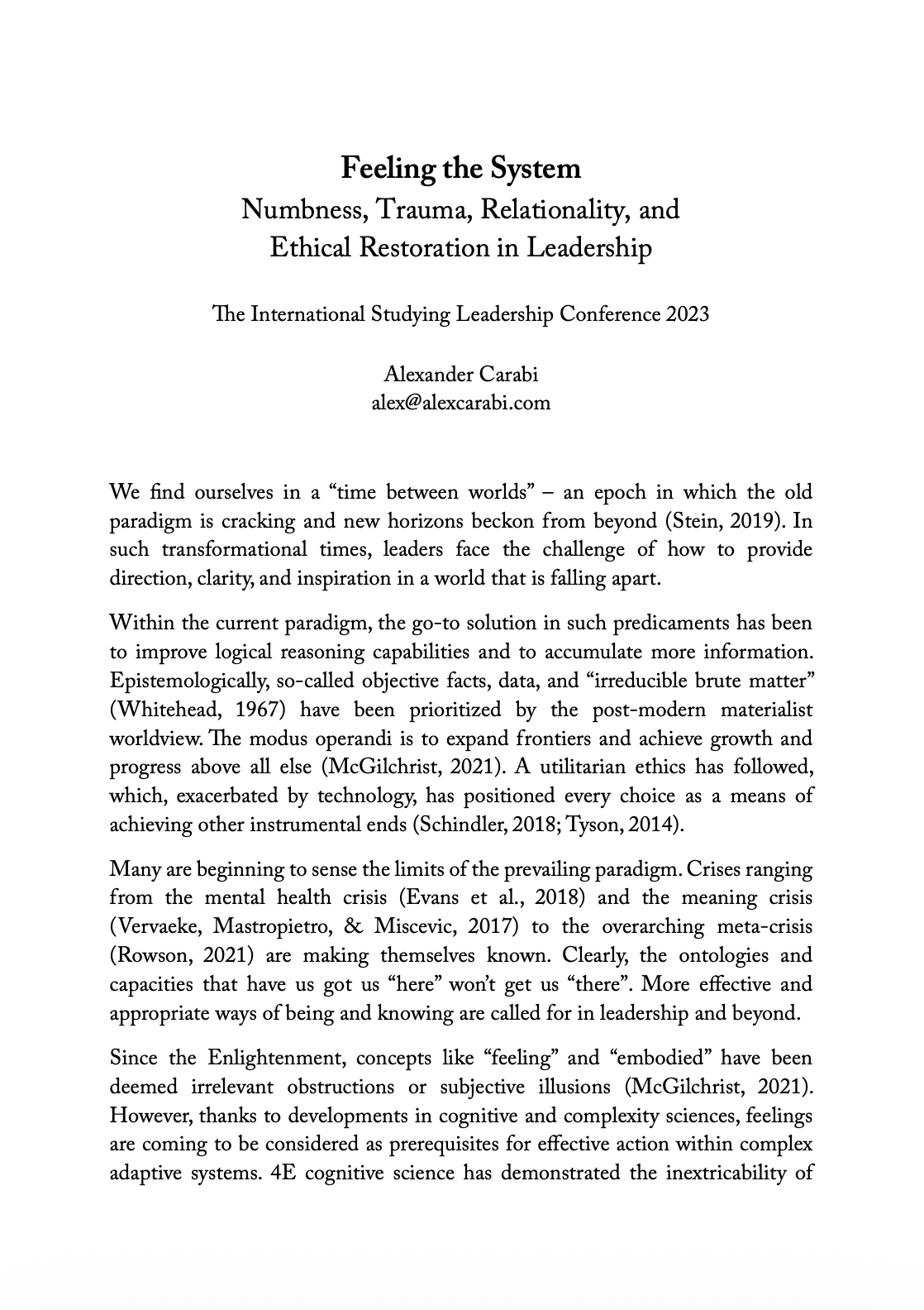 Cover page of a research paper titled "Feeling the System: Numbness, Trauma, Relationality, and Ethical Restoration in Leadership" at the International Studying Leadership Conference 2023, by Alexander Carabi.
