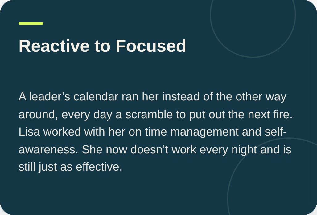 Text from a presentation slide titled 'Reactive to Focused' about a leader named Lisa managing her time and self-awareness effectively, without working every night.
