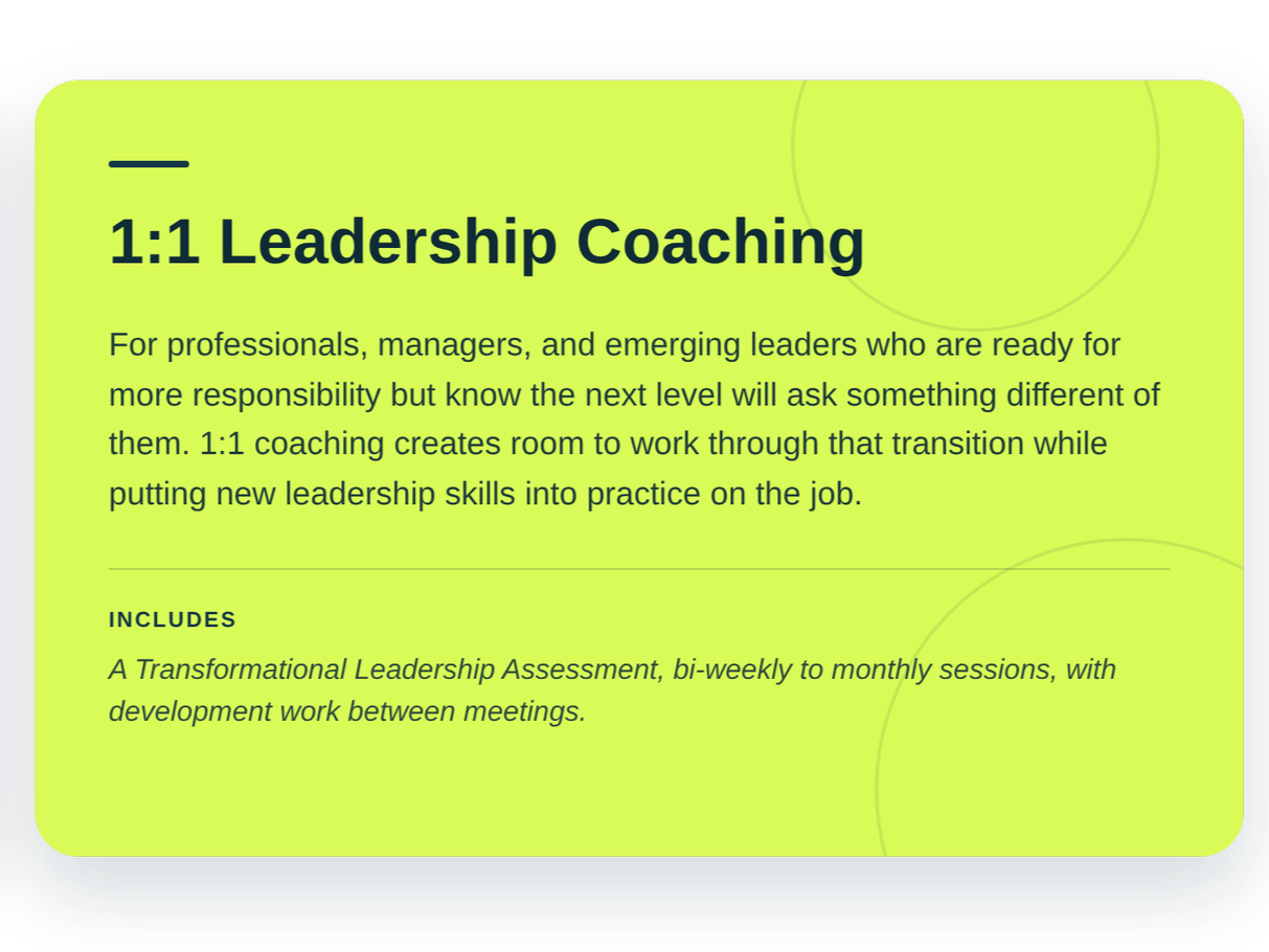 Bright green informational card about 1:1 leadership coaching for professionals, managers, and emerging leaders, highlighting personalized coaching sessions and assessment details.