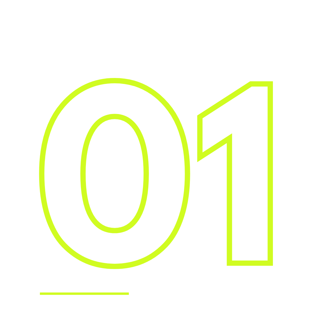 Neon green outlined number 01 on a black background.