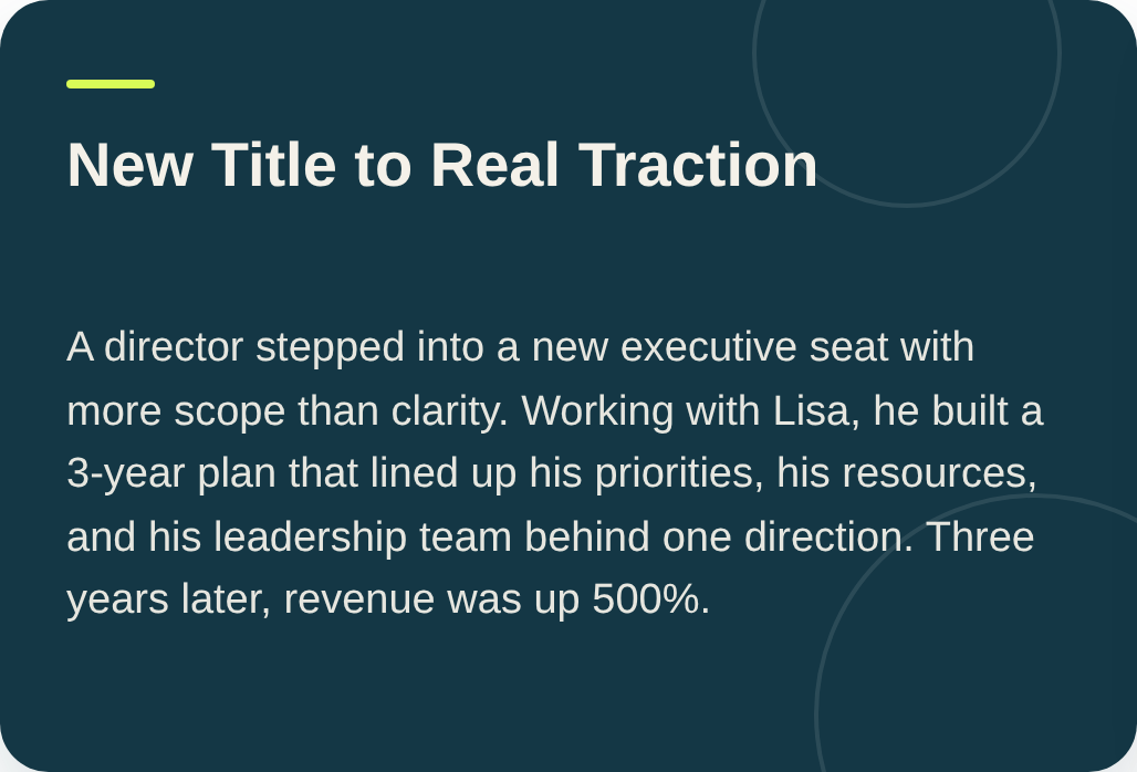 A presentation slide with the title "New Title to Real Traction" and text about a director's strategic planning leading to a 500% revenue increase over three years.