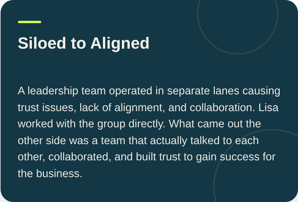 Text slide titled 'Siloed to Aligned', discussing issues with leadership teams operating separately and the importance of collaboration and trust for business success.