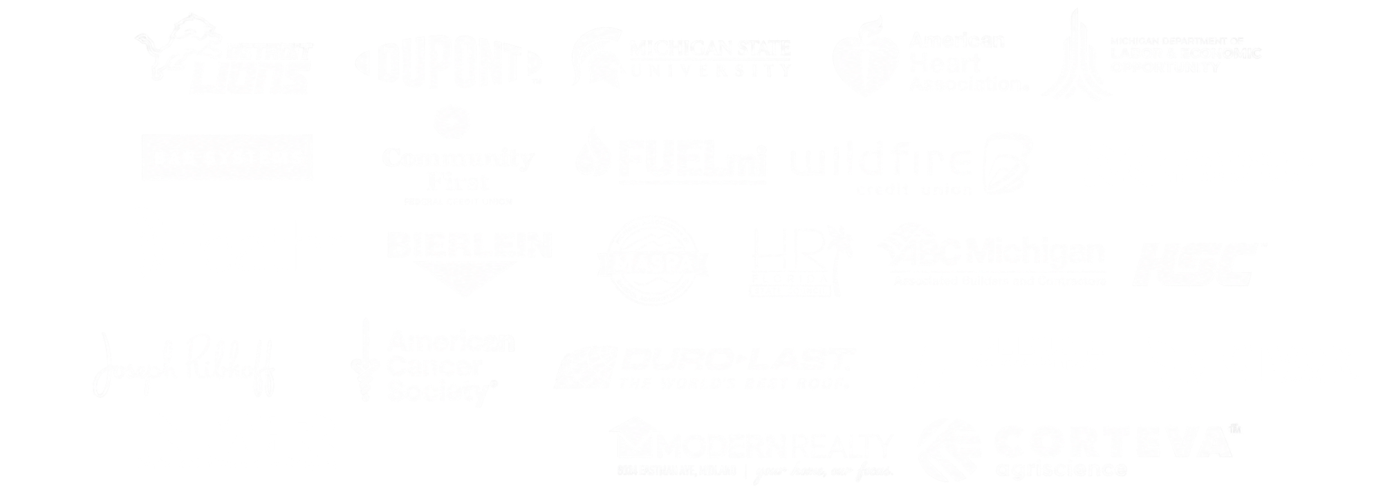A collage of various logos of different organizations and companies, mostly in white on a black background.