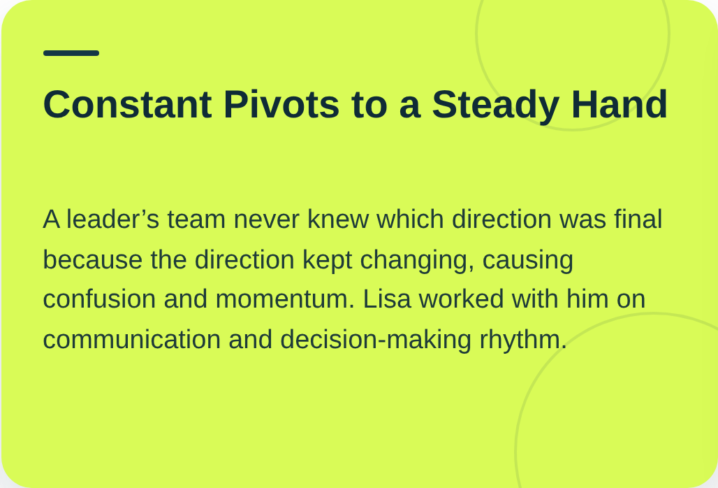 A presentation slide titled 'Constant Pivots to a Steady Hand' with text discussing team leadership, communication, and decision-making rhythm.