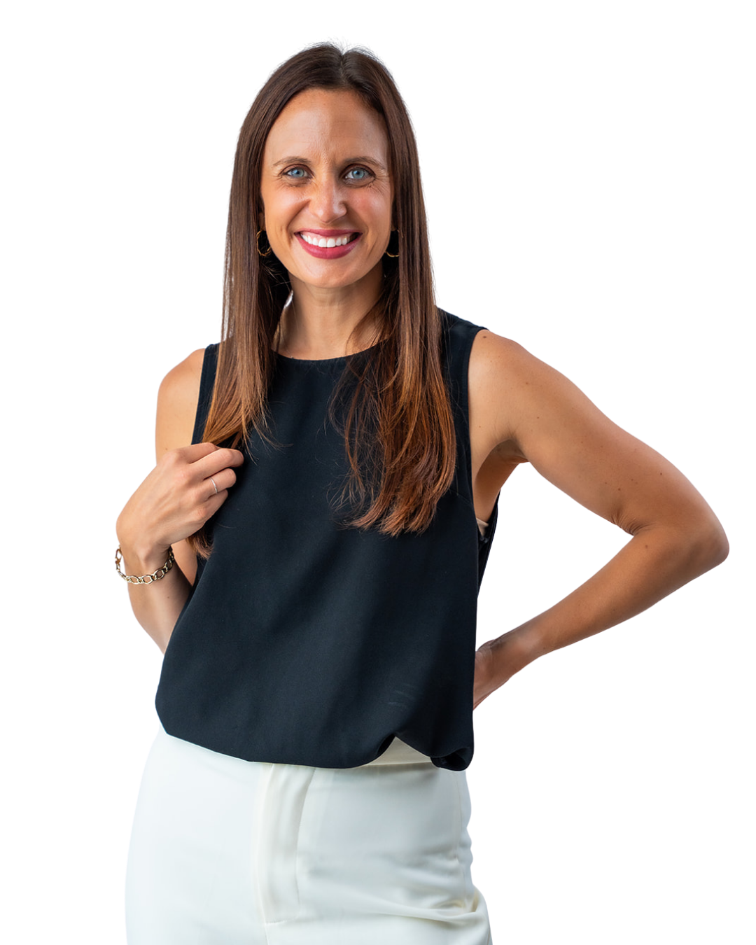 A woman with long brown hair wearing a black sleeveless top and white skirt, smiling and looking at the camera.