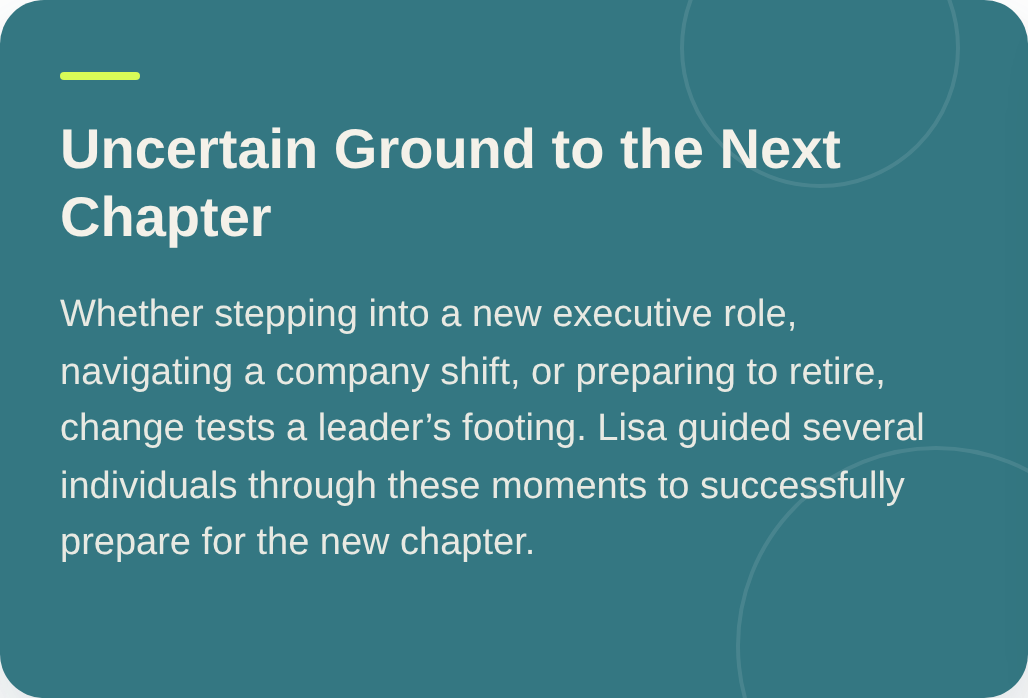 Text in a teal-colored slide titled "Uncertain Ground to the Next Chapter" discussing leadership transitions and preparation.
