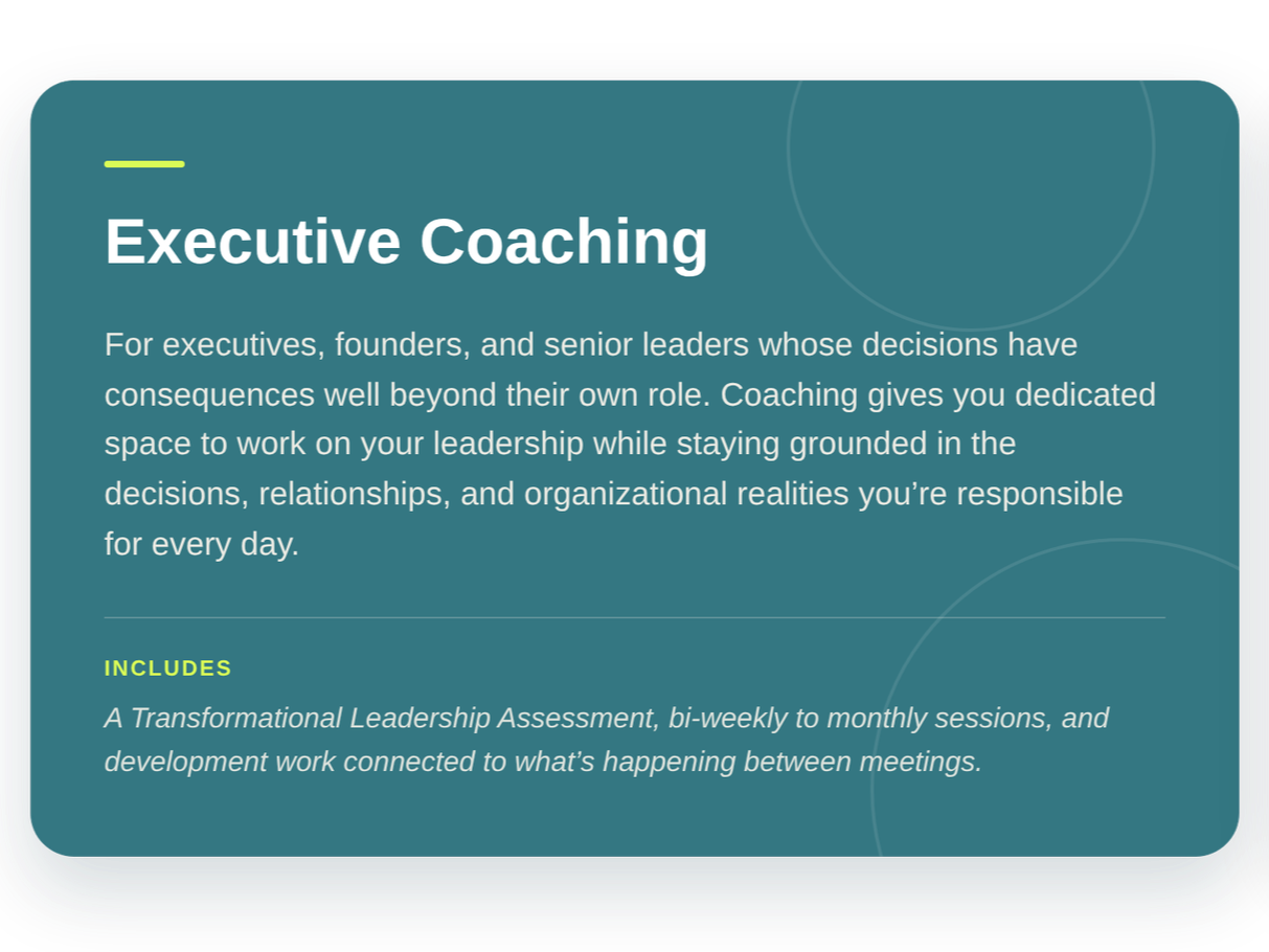 Information about executive coaching for leaders, including leadership assessment and ongoing development work.