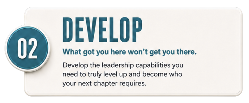 A slide or poster with the heading 'DEVELOP', featuring a subtitle 'What got you here won't get you there.' and a description encouraging leadership development for future growth.