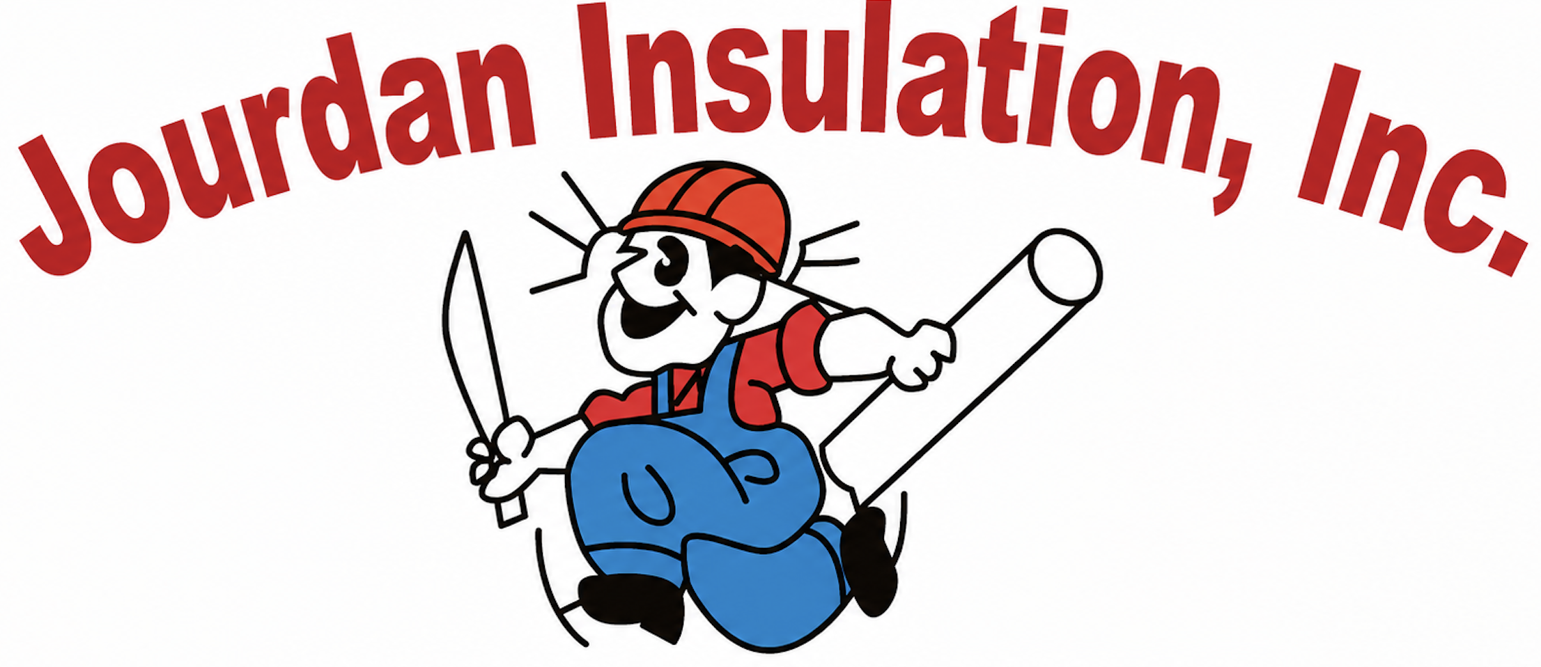 Clip art of a cartoon character wearing a red hard hat, red shirt, and blue overalls, holding a screwdriver and a wrench, with the words 'Journal An Insulation, Inc.' in red curved text above.