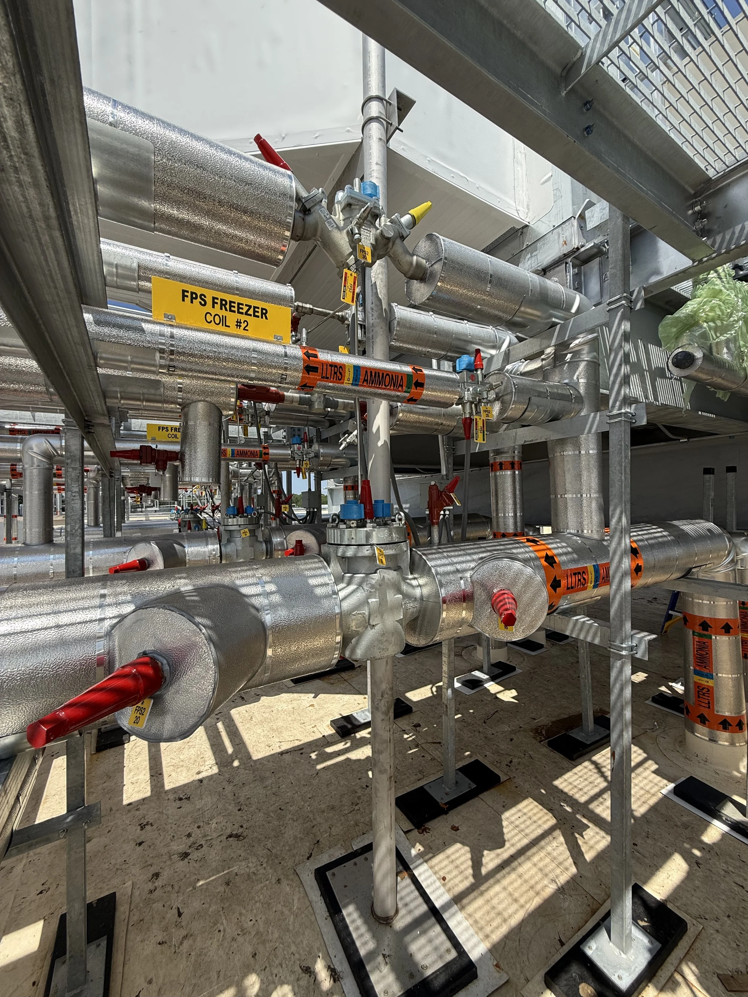 A network of industrial pipes and valves with labels indicating their functions, including FPS Freezer Coil #2 and ammonia, mounted on a metal framework in an industrial setting.