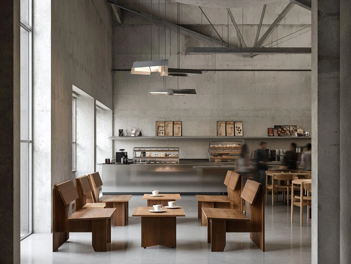 Interior of a modern, minimalist cafe with concrete walls, wooden chairs, small tables with cups, and a counter in the background with blurred people.