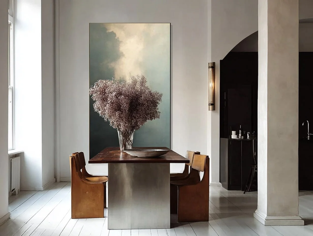 A modern dining area with a wooden table, four wooden chairs, a large vase with pink flowers, a painting of clouds and sky, and a wall sconce light.