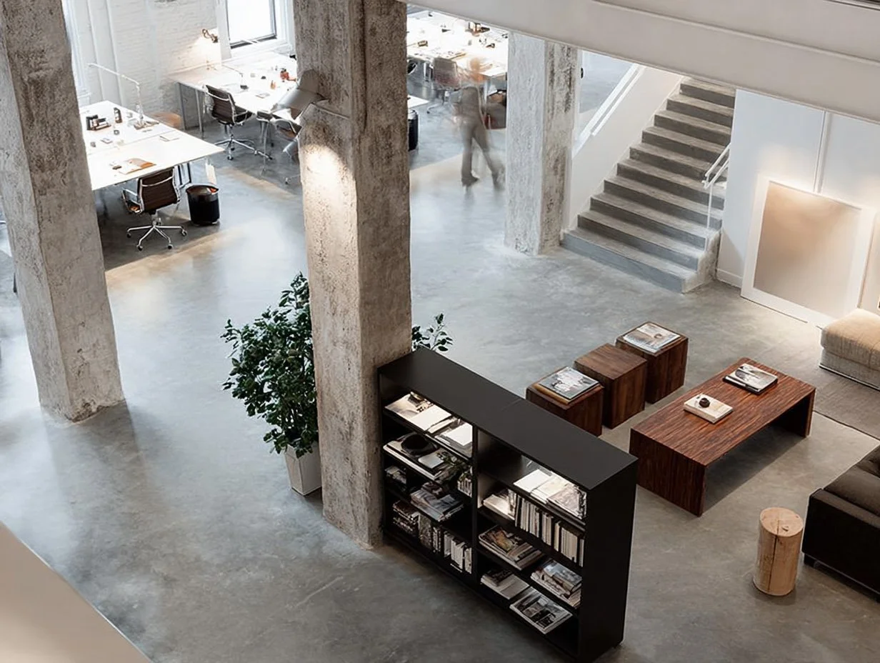 Modern office space with concrete pillars, open workspace with desks and chairs, a seating area with wooden tables, bookshelves, and a staircase.