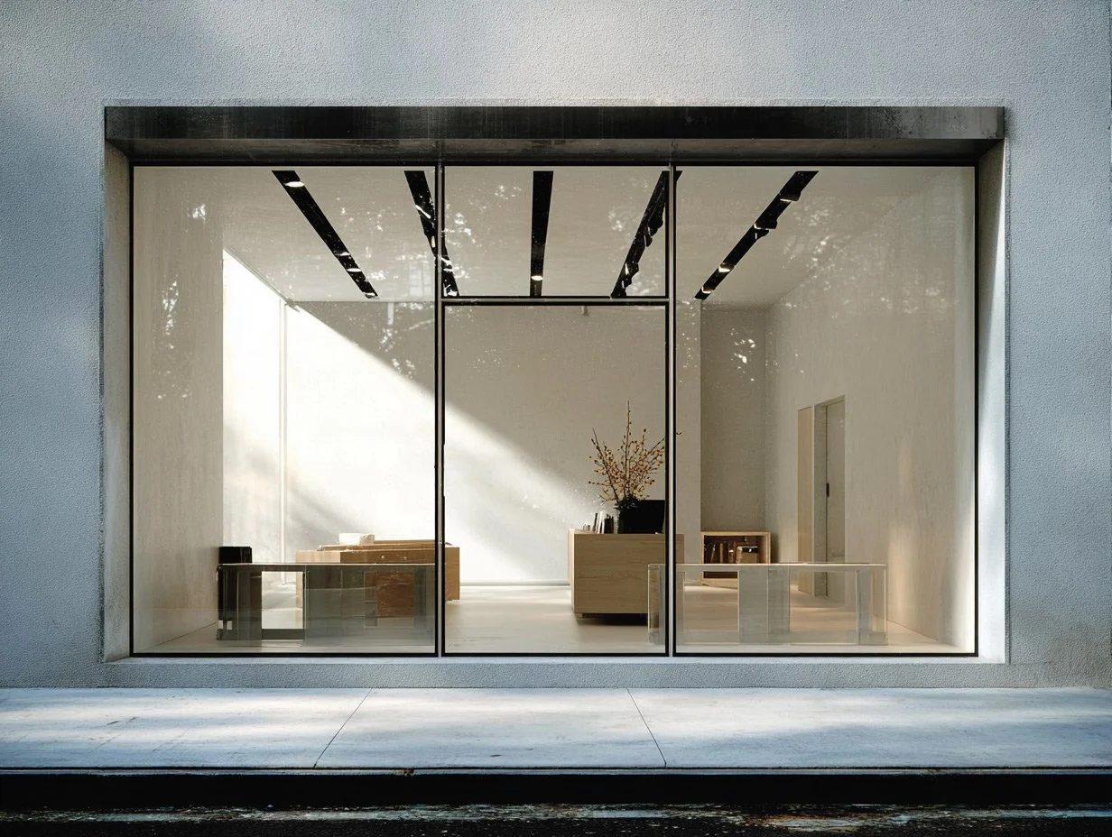 View of a minimalist interior space with large glass window, beige walls, wooden furniture, and a potted plant inside.