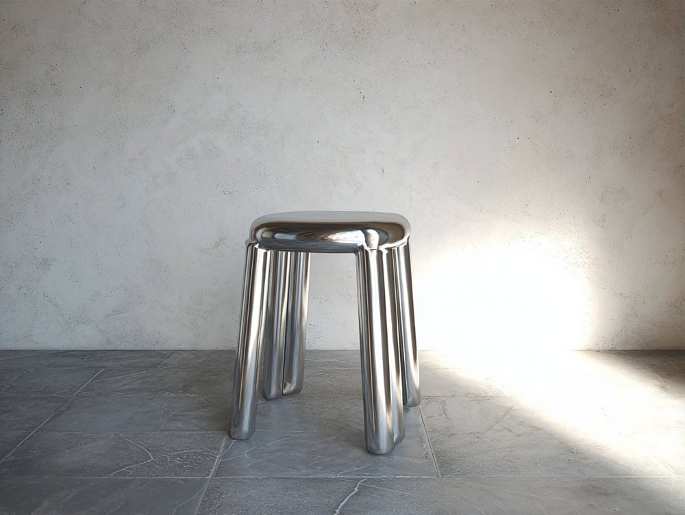 A metallic stool with curved legs against a plain wall.