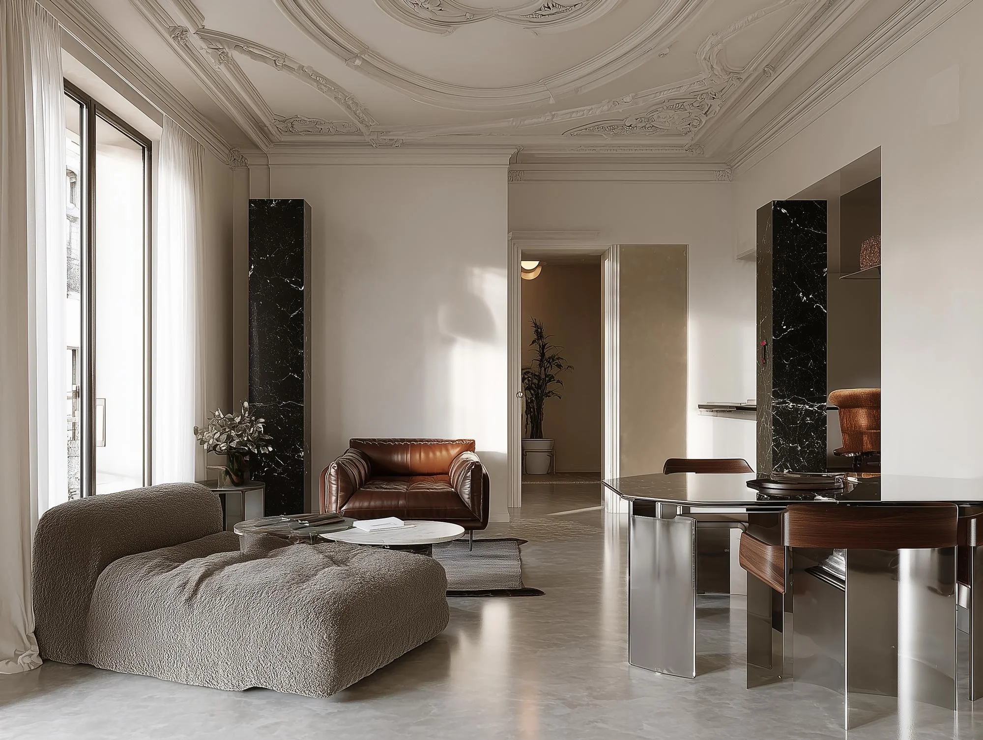 A modern, elegant living room with ornate ceiling moldings, large windows with curtains, a beige textured sofa, a small table with magazines, a brown leather armchair, a medium rug, a lounge chair, and decorative elements including black marble pillars and a potted plant in the background.