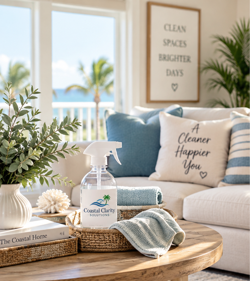 A spray bottle labeled Coastal Clarity Solutions on a wicker tray on a wooden table next to a potted green plant, with a cozy living room in the background decorated with blue and white pillows and a framed sign that reads "CLEAN SPACES BRIGHTER DAYS." Large windows reveal palm trees and a view of the ocean.