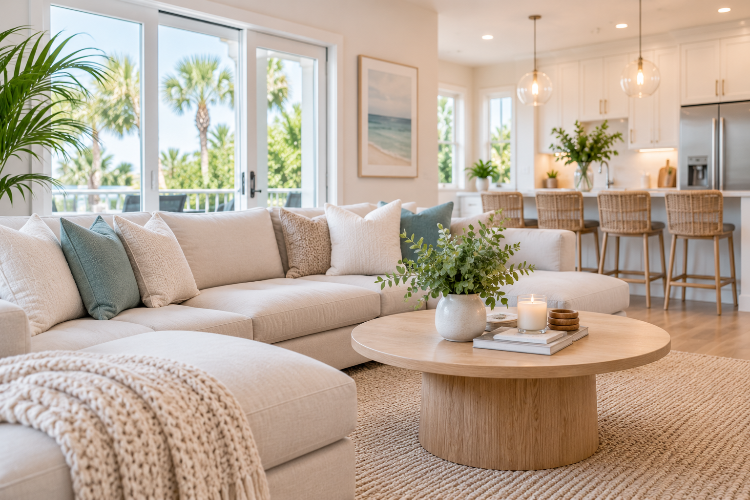 Bright living room with white sectional sofa, throw pillows, wooden coffee table with greenery and candles, large windows showing palm trees, and a kitchen area with barstools and pendant lights.