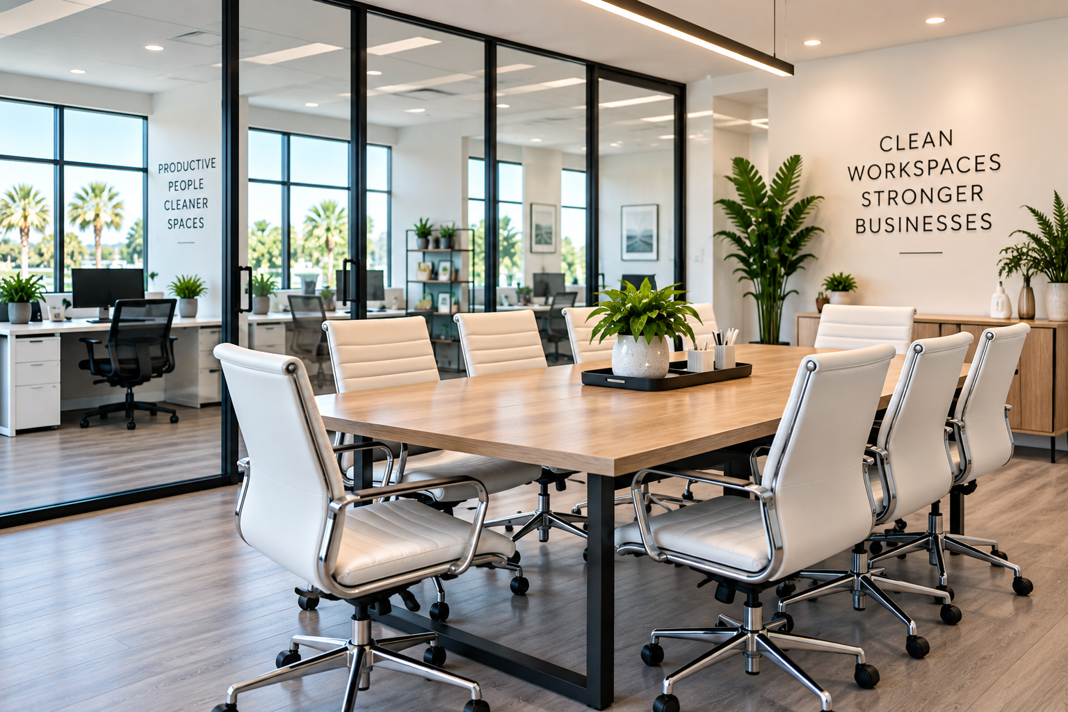 Modern office conference room with white leather chairs around a wooden table, large windows with palm trees outside, and potted plants. Walls display motivational phrases about workplace productivity and cleanliness.