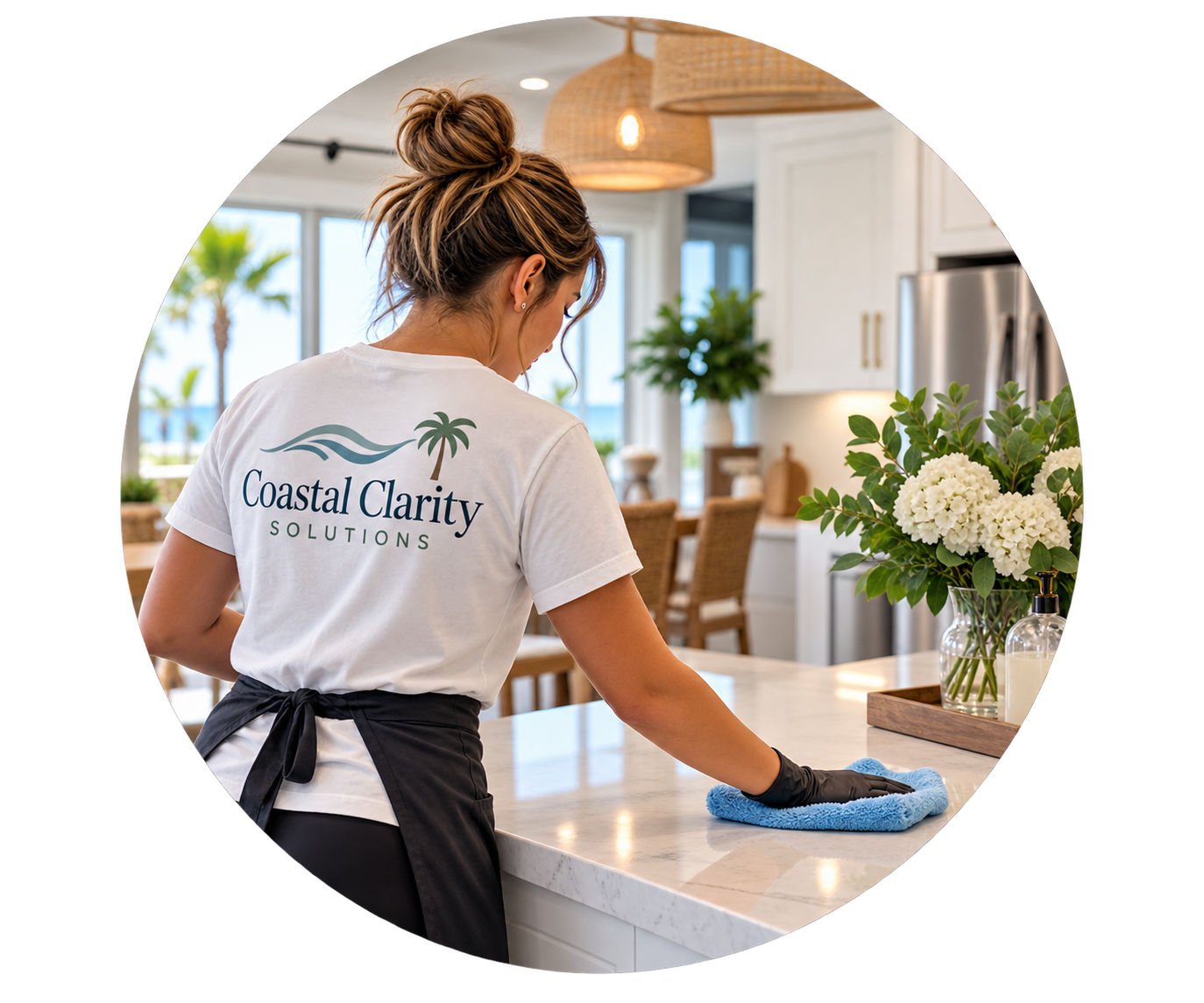 A woman wearing a Coastal Clarity Solutions t-shirt and black gloves is cleaning a kitchen countertop with a blue cloth in a bright, modern kitchen with white cabinets, a stainless steel refrigerator, and a vase of white flowers on the counter.