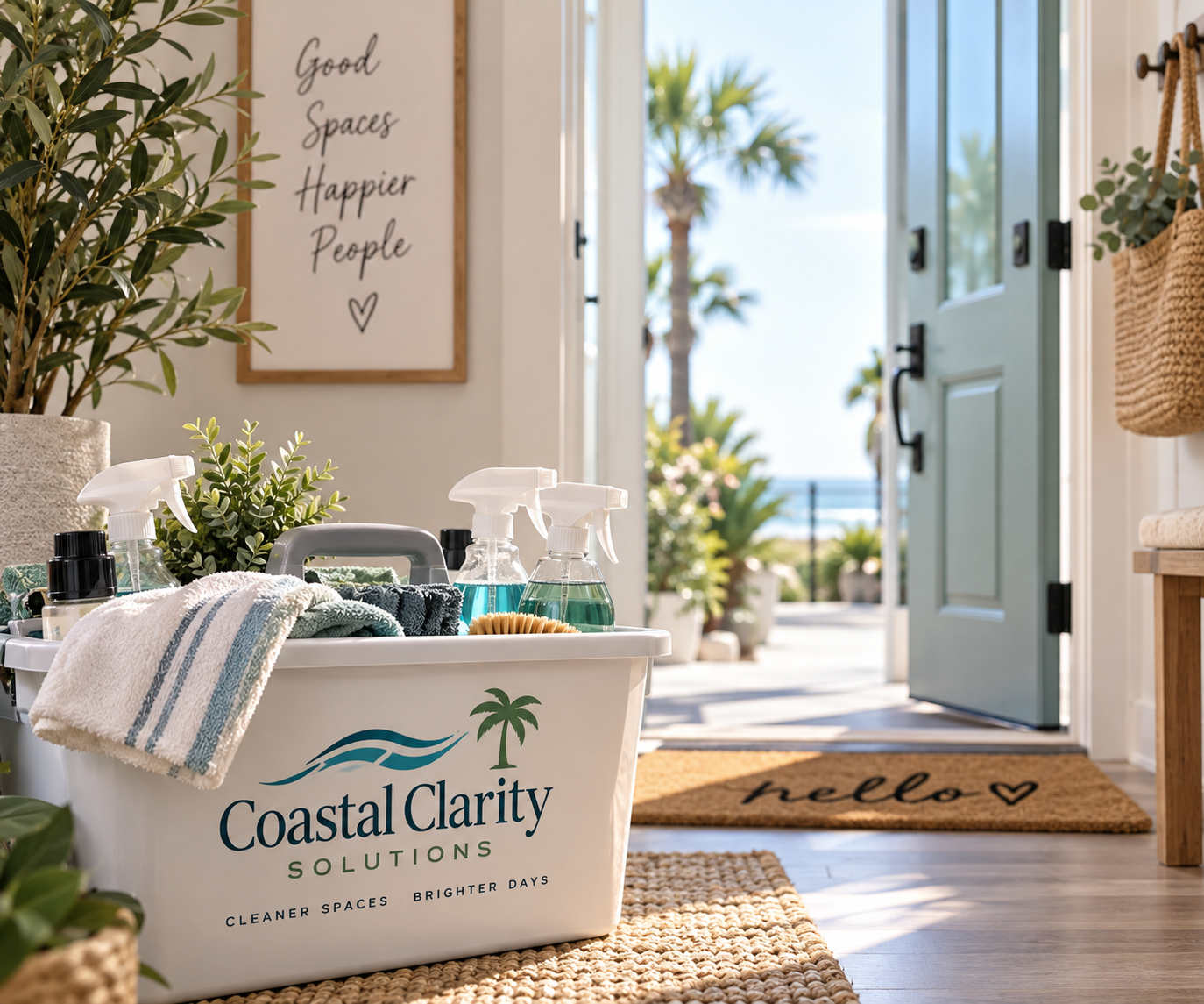 A cleaning supplies cart labeled 'Coastal Clarity Solutions' inside a bright, tropical-themed home with an open door to a sunny outdoor patio featuring palm trees.
