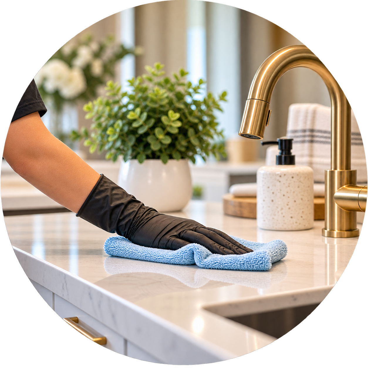 Person wearing black gloves cleaning a white kitchen countertop with a blue cloth, near a gold faucet, soap dispenser, and a potted plant.
