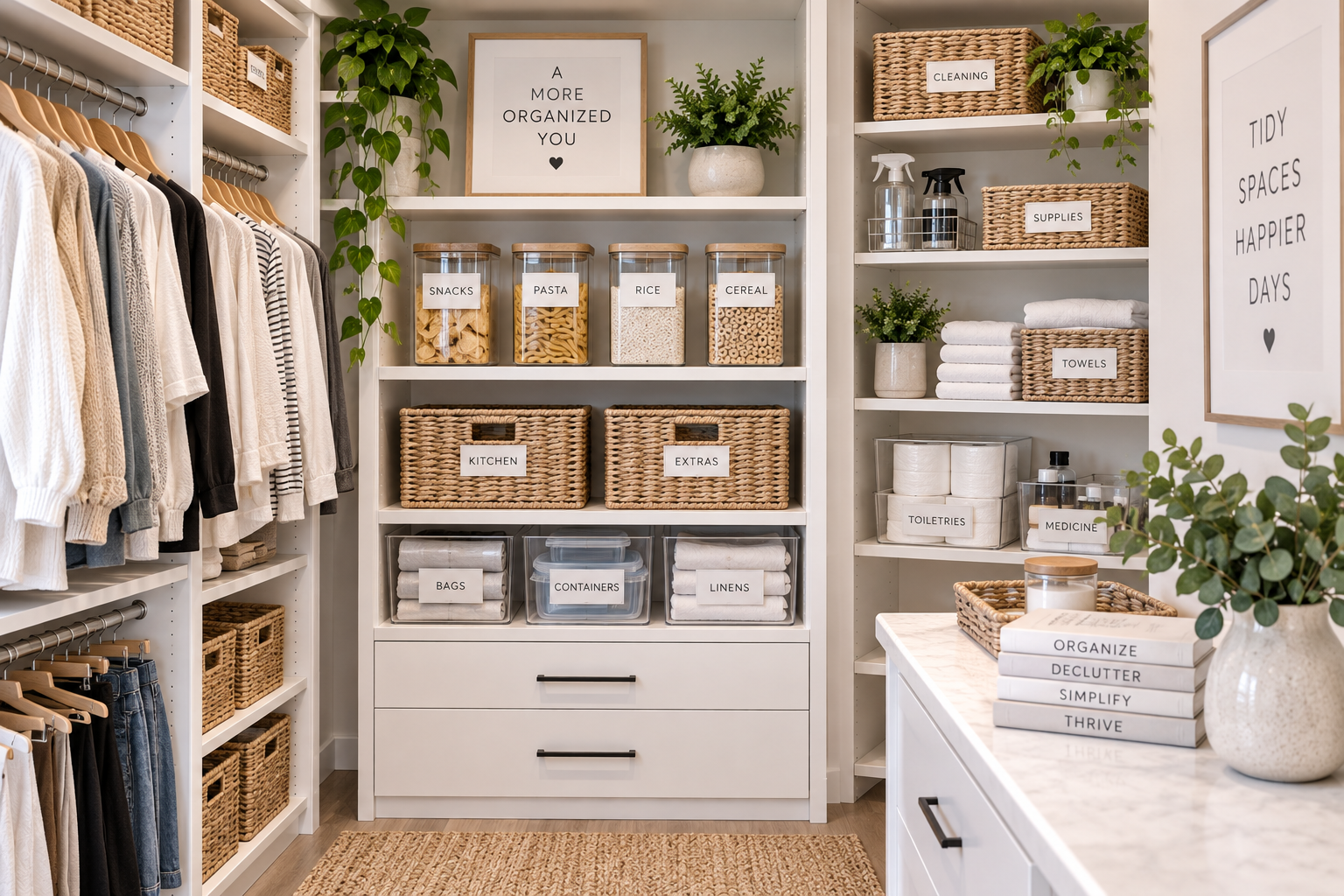 A well-organized closet with shelves containing labeled baskets, jars, and bins for various household items, with framed quotes and potted plants for decoration.