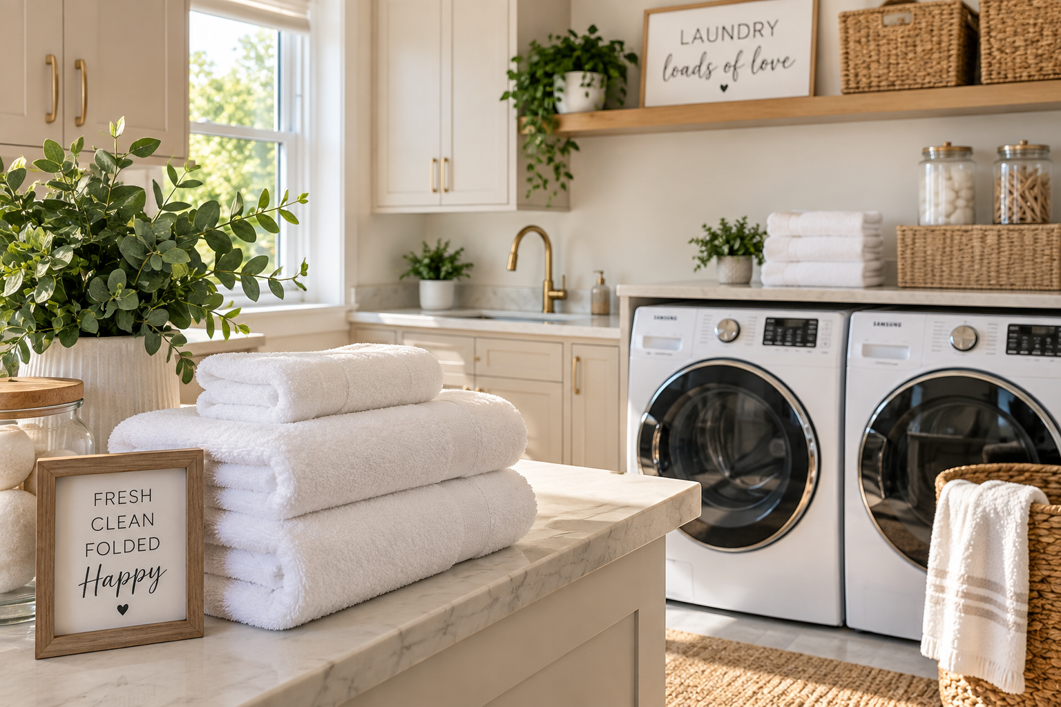 A laundry room with a marble countertop, neatly folded white towels, a small framed sign that reads 'Fresh Clean Folded Happy', a basket with a towel, green potted plants, a sign that says 'Laundry Loads of Love', wicker baskets, jars with laundry supplies, and front-loading washing machines, illuminated by natural light from a window.