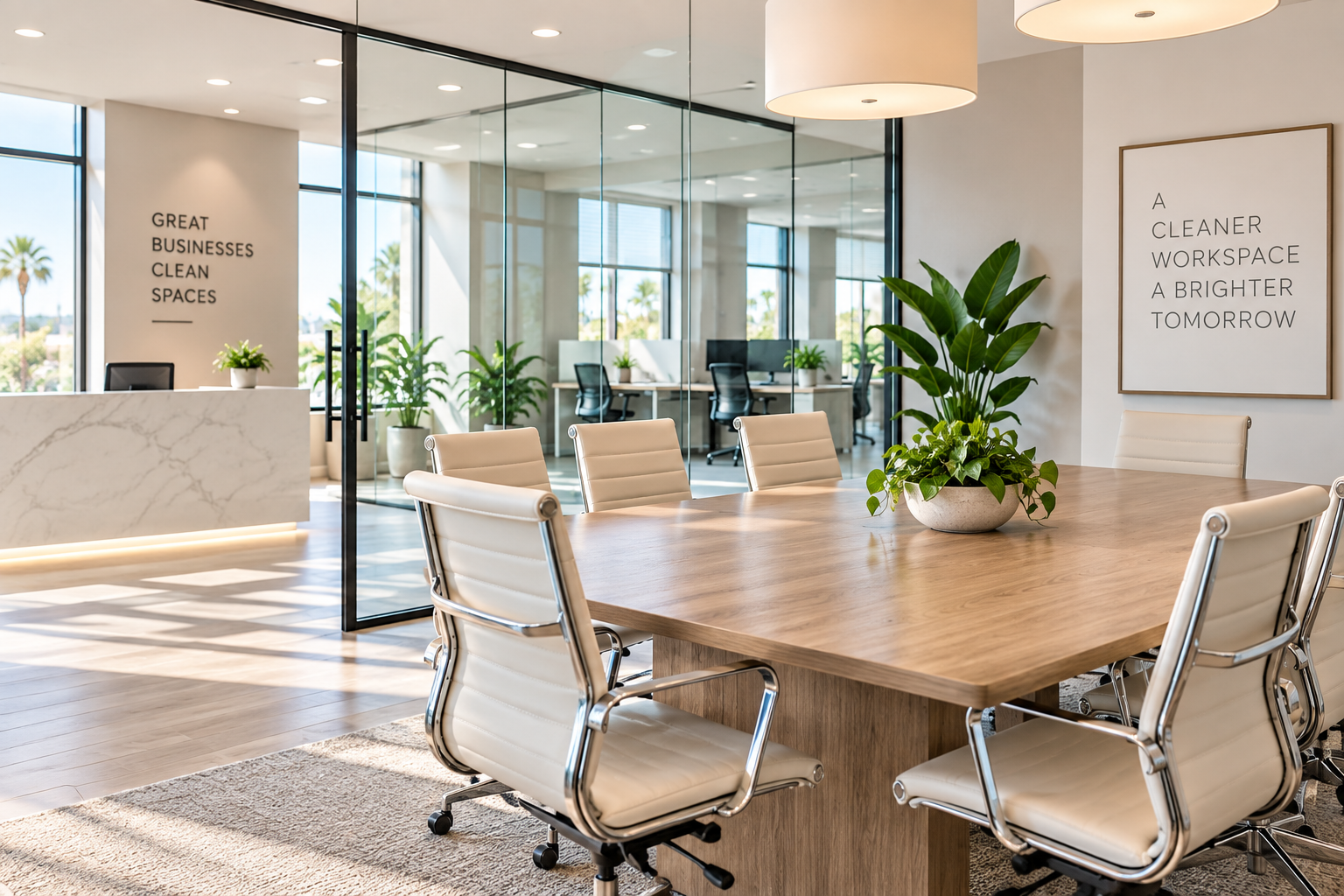 Modern office conference room with a wooden table, white leather chairs, and potted plants. Glass walls reveal a workspace with desks and chairs outside.