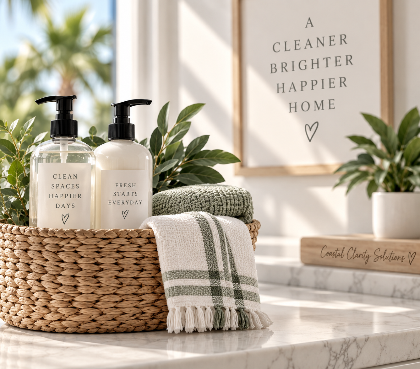 Wicker basket containing two pump bottles labeled "Clean Spaces Happier Days" and "Fresh Starts Everyday," green towels, and a white towel with green stripes, on a marble countertop with a potted plant and framed wall art that reads "A Cleaner Brighter Happier Home" in the background.