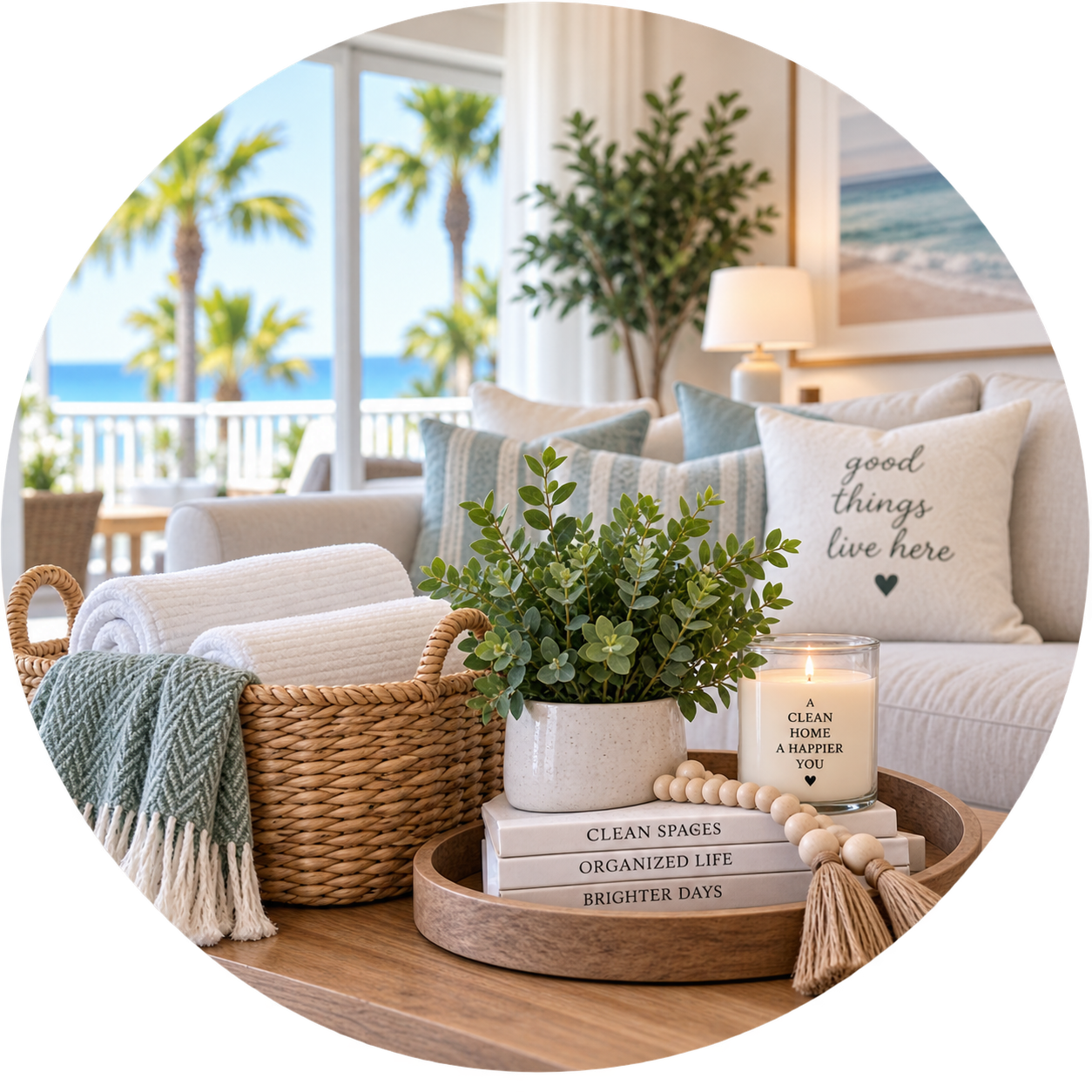 Cozy living room with ocean view, white sofa decorated with blue and white pillows, a potted plant, a lit candle, books, and wicker basket with towels, with palm trees visible outside the window.